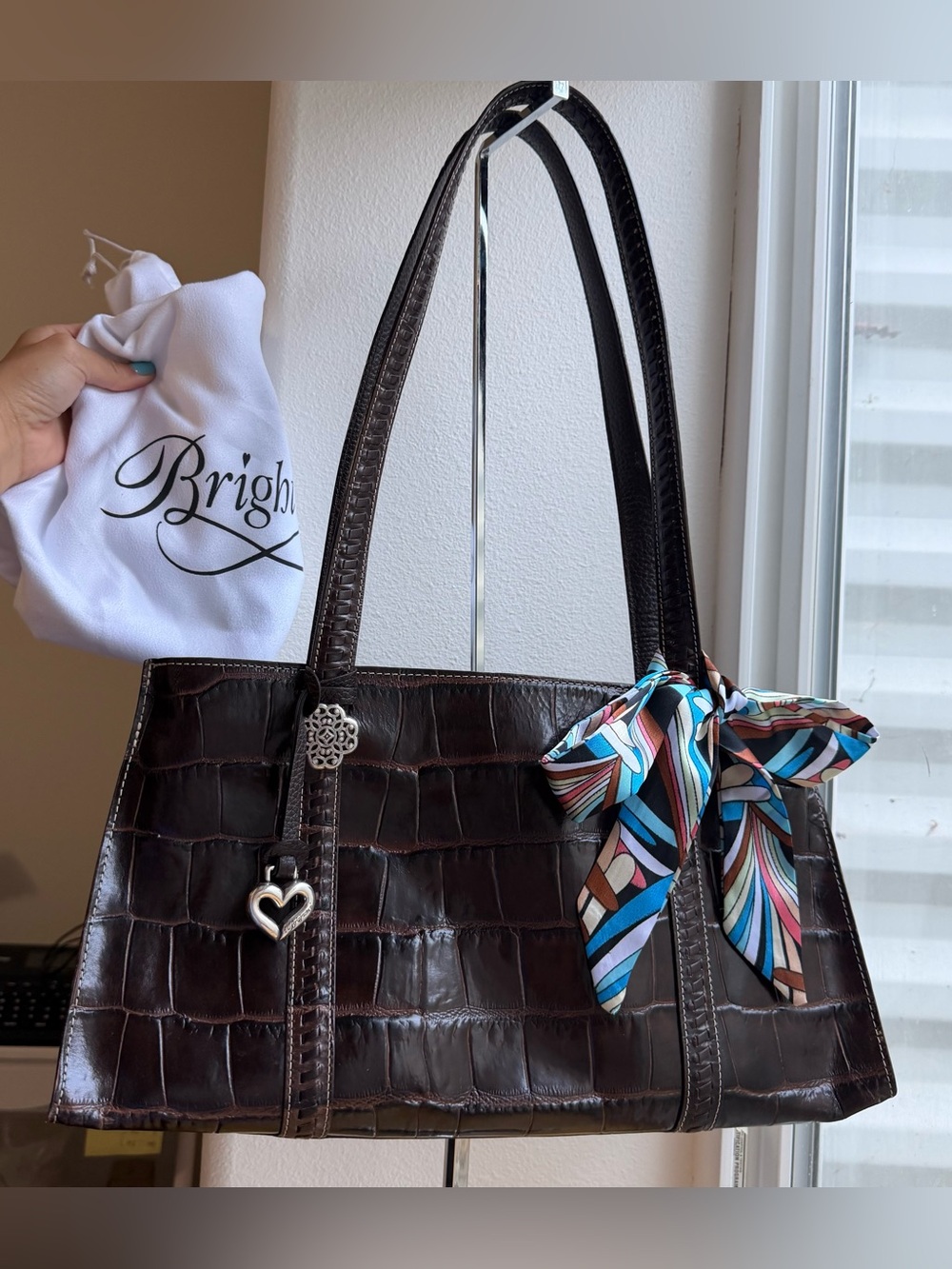 Brighton Brown Croc Embossed Leather With Heart Charm & Dust Bag, Twilly EUC